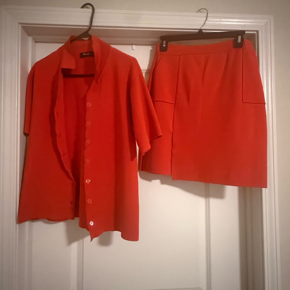 Hanifa Vibrant Orange Two-Piece Shirt & Skirt Set. Size Large